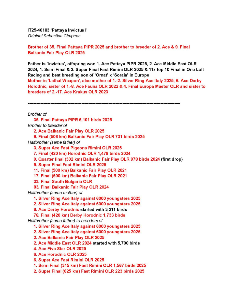14. Final Race 515km Galisteo, Plasencia;
22. Ace Pigeon
Derby Superstar Winter Edition Season 2025 - 2026 

CIMPEAN SEBASTIAN
 IT 25 40140