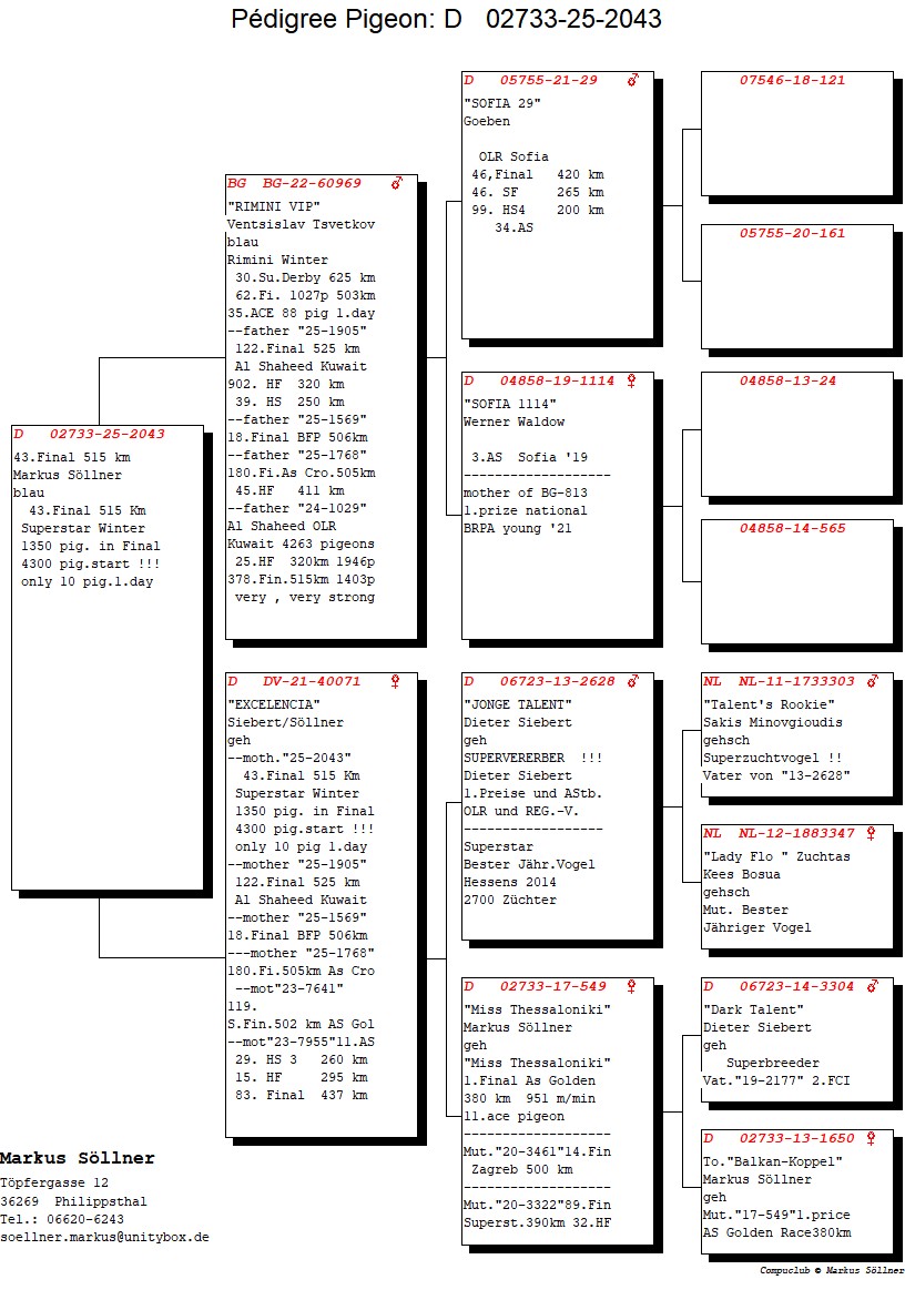 43. Final Race 515km Galisteo, Plasencia;
282. Ace Pigeon
Derby Superstar Winter Edition Season 2025 - 2026 

FAMILIE SOELLNER
 DV 2733 25 2043