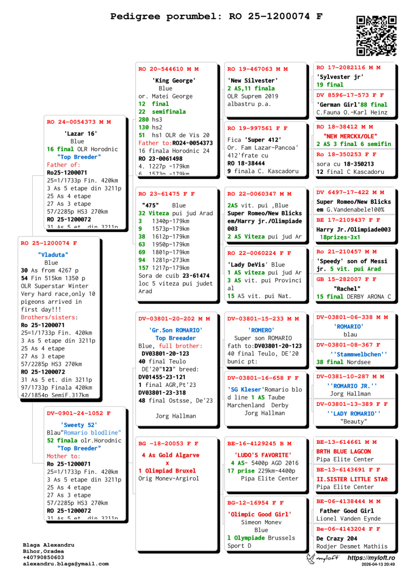 54. Final Race 515km Galisteo, Plasencia
30. Ace Pigeon
Derby Superstar Winter Edition Season 2025 - 2026 

BLAGA + CABAU
 RO 25 1200074