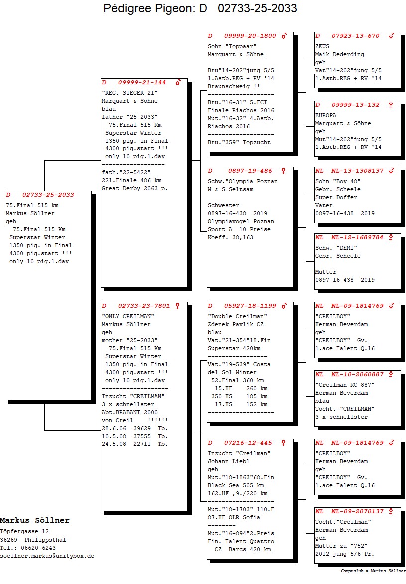 75. Final Race 515km Galisteo, Plasencia;
346. Ace Pigeon
Derby Superstar Winter Edition Season 2025 - 2026 

FAMILIE SOELLNER
 DV 2733 25 2033