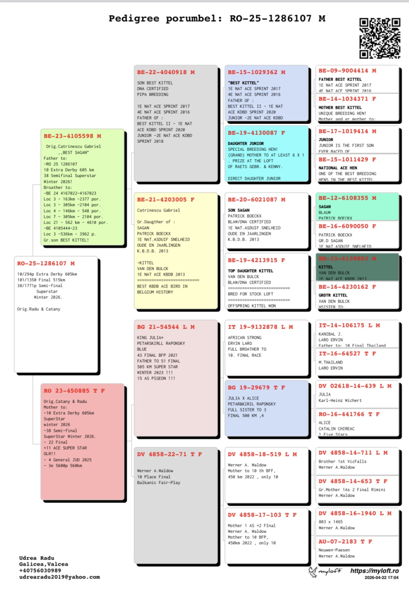 10. Extra Race 605km VALE DE FREIXO - PORTUGAL
3. Ace Pigeon 7 races
6. Ace Fond 515km + 605km
101. Final Race 515km GALISTEO, PLASENCIA
38. Semifinal Race 330km NAMBROCA
63. Hot Spot 3 200km
Derby Superstar Winter Edition Season 2025 - 2026 


RADU & CATANY
 RO 25 1286107