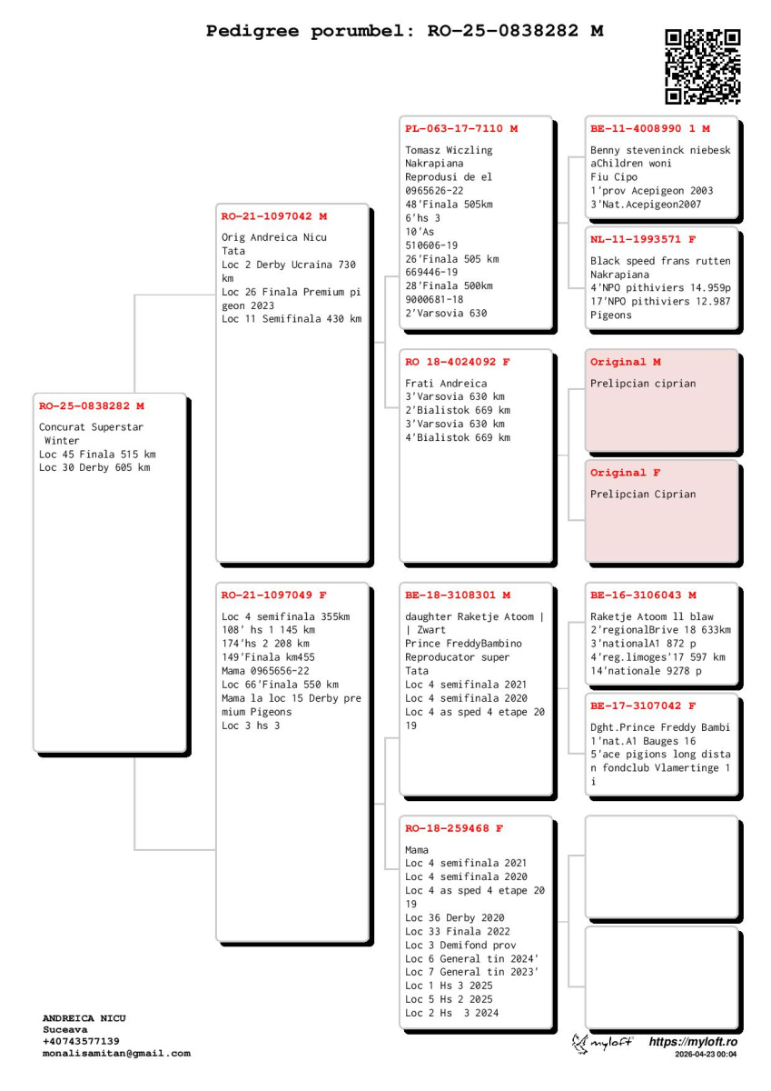 30. Extra Race 605km VALE DE FREIXO - PORTUGAL,
51. Ace Pigeon 7 races,
20. Ace Fond 515km + 605km,
45. Final Race 515km GALISTEO-PLASENCIA
Derby Superstar Winter Edition Season 2025 - 2026 

ADRIAN MITAN + NICUSOR & EMI
 RO 25 838282 