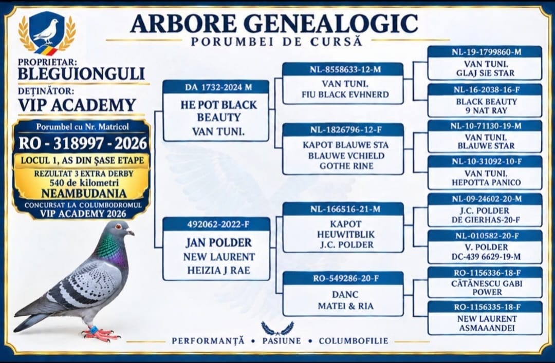 
1. Ace Pigeon 6 races,
3. Extra Derby NEA MUDANIA 540km,

88. Final Race ALEXANDROPOLIS 460km, 4. Hot Spot 2 183 km,
5. Hot Spot 1 136km VIP ACADEMY OLR · Season 2026 - BLEGU ION GULY
 RO-26-318997