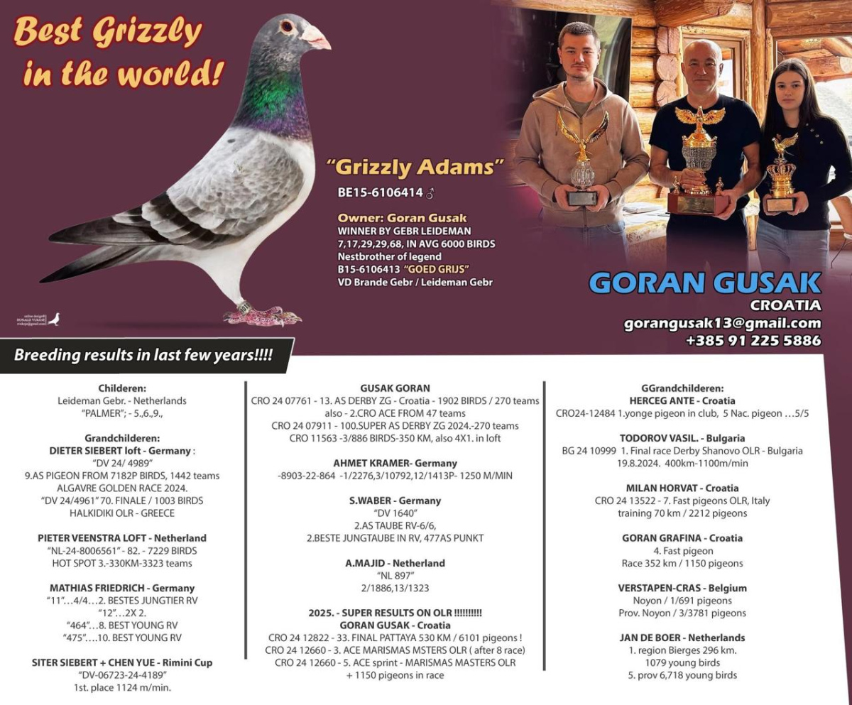 

69. Final Race 422km KIRKOVO BG
54. Ace Pigeon

Derby Superstar OLR · Season 2026 - 
ZAPOTYNSKYI - RATA 
 UKR 26 3369365 